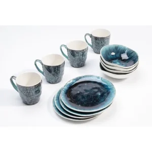 Kare Design Lot 4 Mugs, 4 Assiettes Creuses, 4 Assiettes Plates En Grès Bleu 9